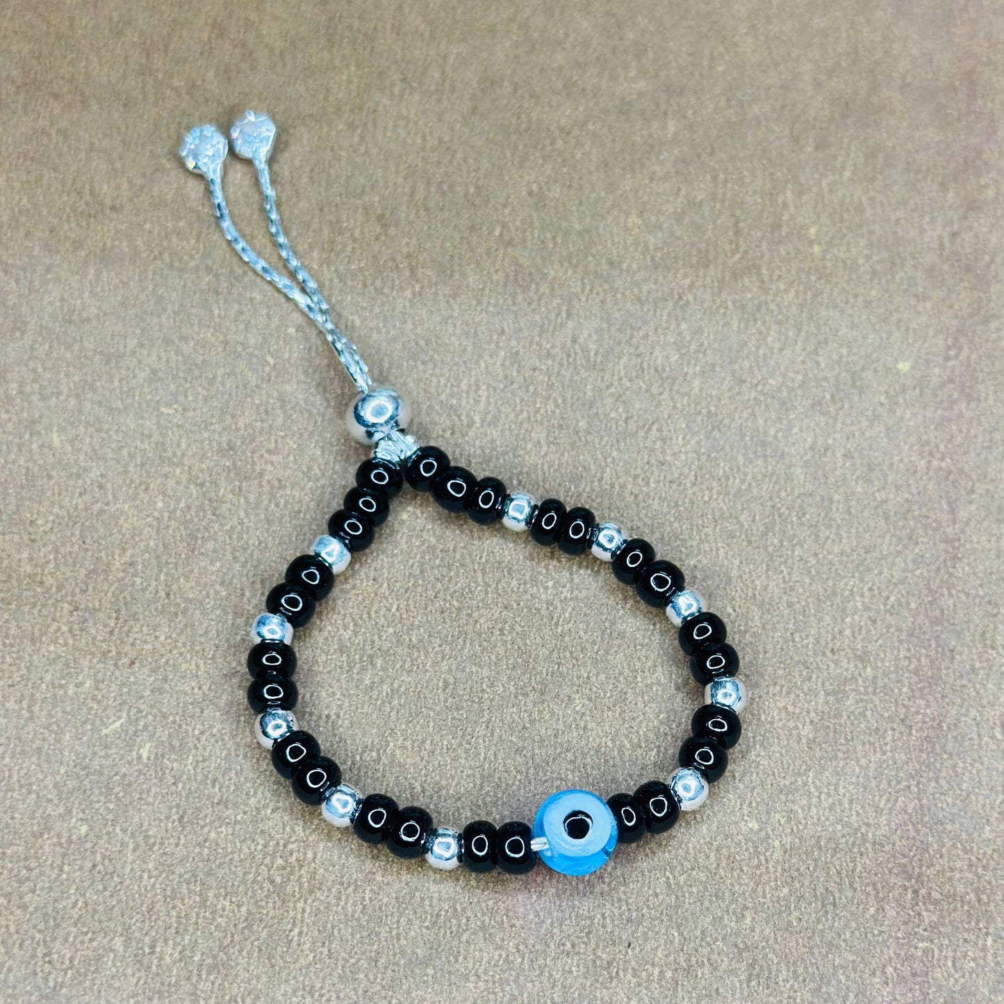 Silver Black Beaded Kids Bracelet with Evil Eye Bead (Pair)
