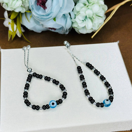 Silver Black Beaded Kids Bracelet with Evil Eye Bead (Pair)
