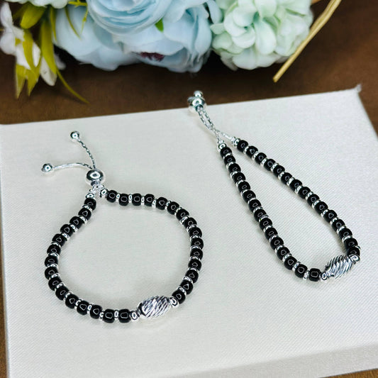 Silver Black Beaded Kids Bracelet with Twisted Bead (Pair)