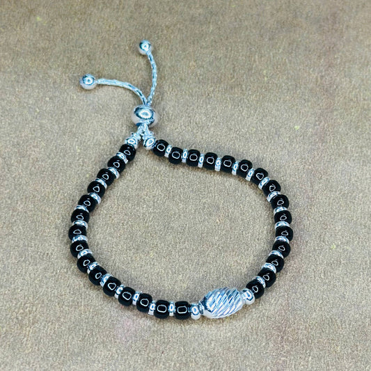 Silver Black Beaded Kids Bracelet with Twisted Bead (Pair)