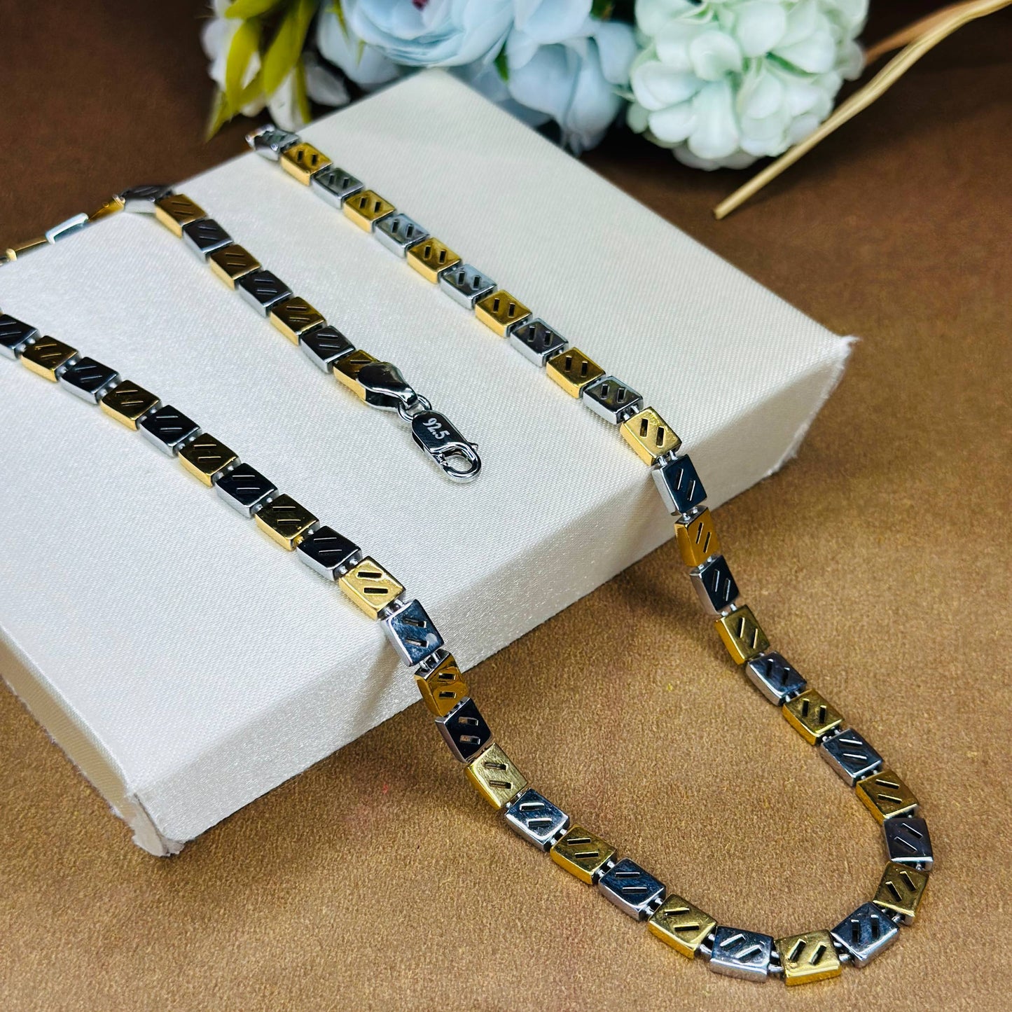 925 Silver Dual Tone Square Link Chain