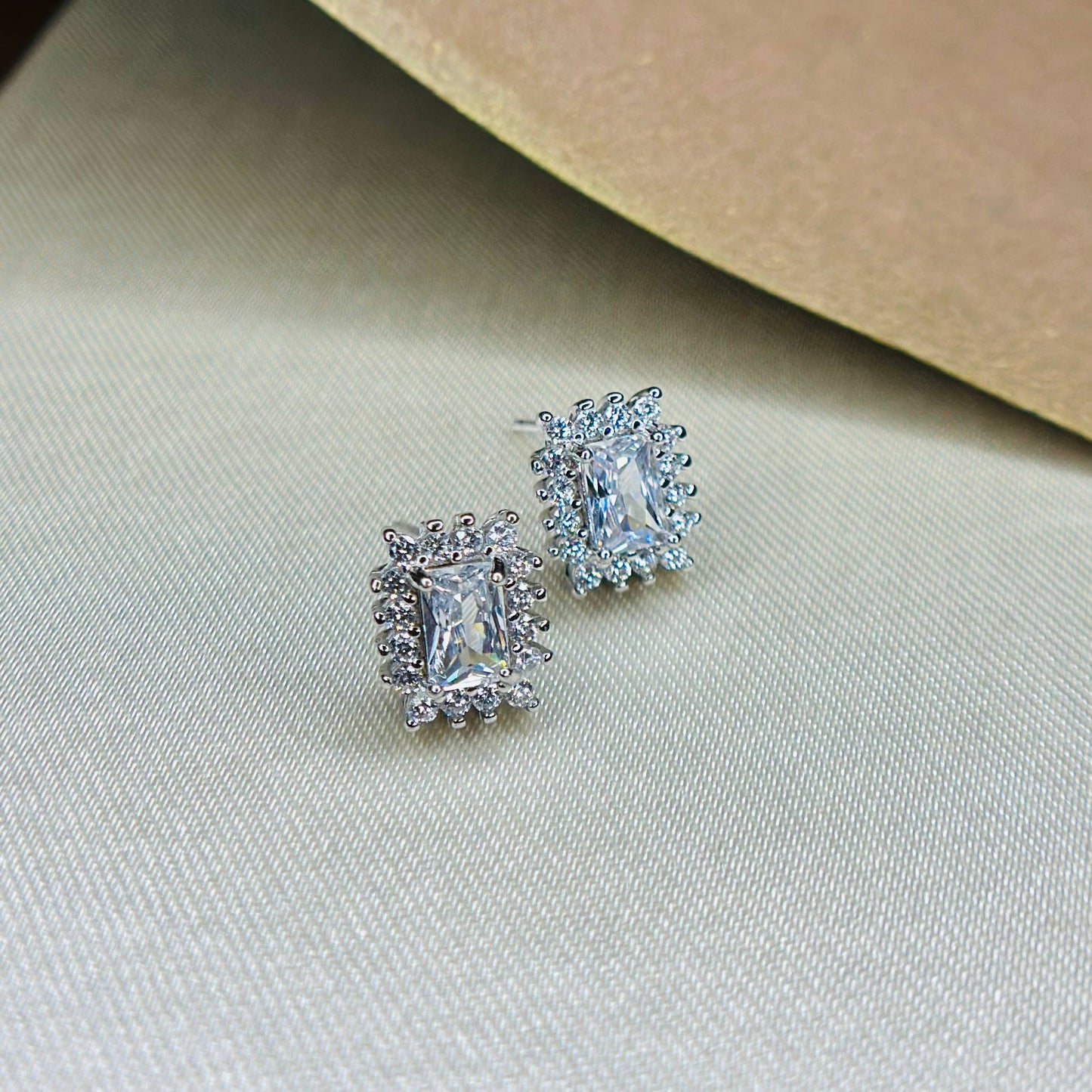 925 Sterling Silver Emerald-Cut Halo Stud Earrings