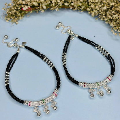 Sterling Silver Traditional Black Bead Payal with Ghungroo