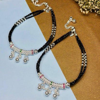 Sterling Silver Traditional Black Bead Payal with Ghungroo