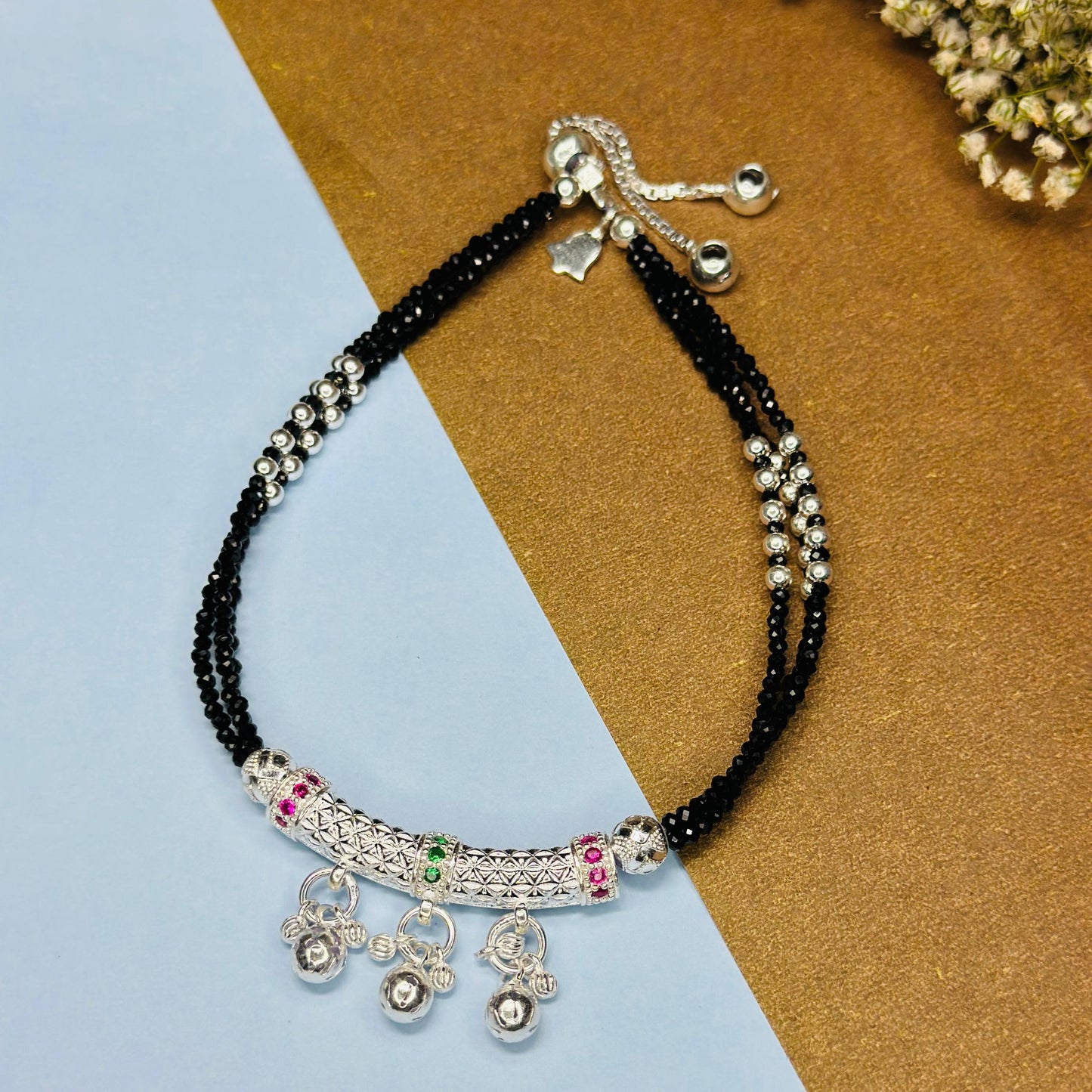 Sterling Silver Traditional Black Bead Payal with Ghungroo