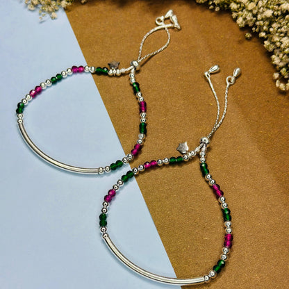 Adjustable Silver Necklace with Green & Pink Crystal Beads