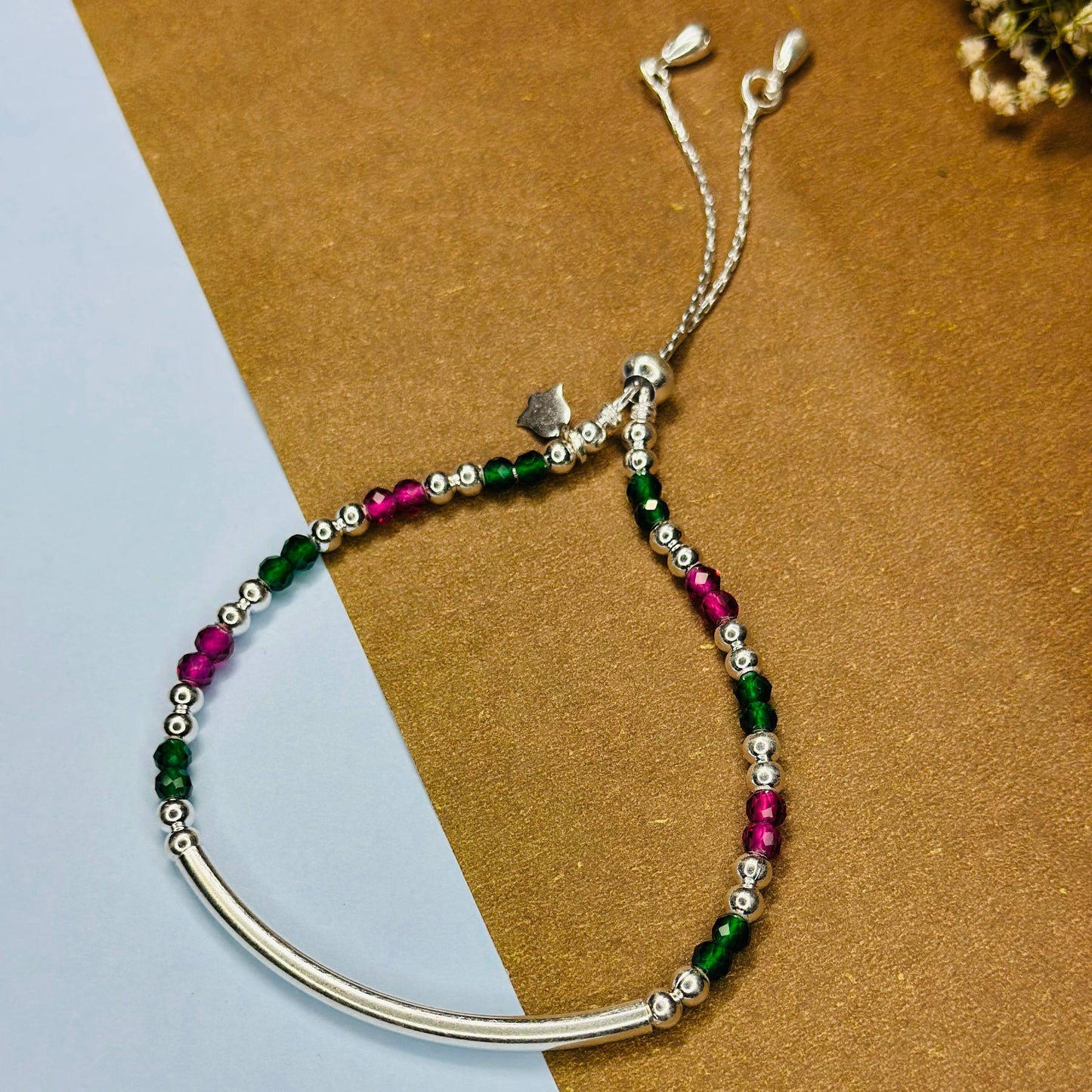 Adjustable Silver Necklace with Green & Pink Crystal Beads