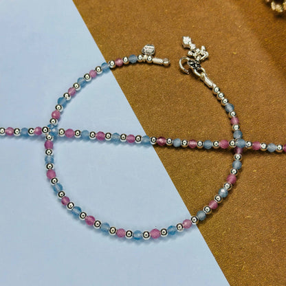 Elegant Silver Anklet with Colorful Crystal Beads & Charm Dangles