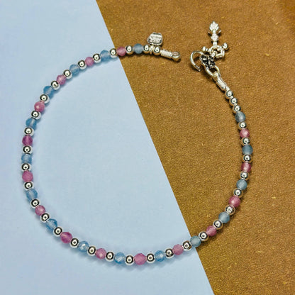 Elegant Silver Anklet with Colorful Crystal Beads & Charm Dangles
