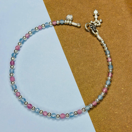 Elegant Silver Anklet with Colorful Crystal Beads & Charm Dangles