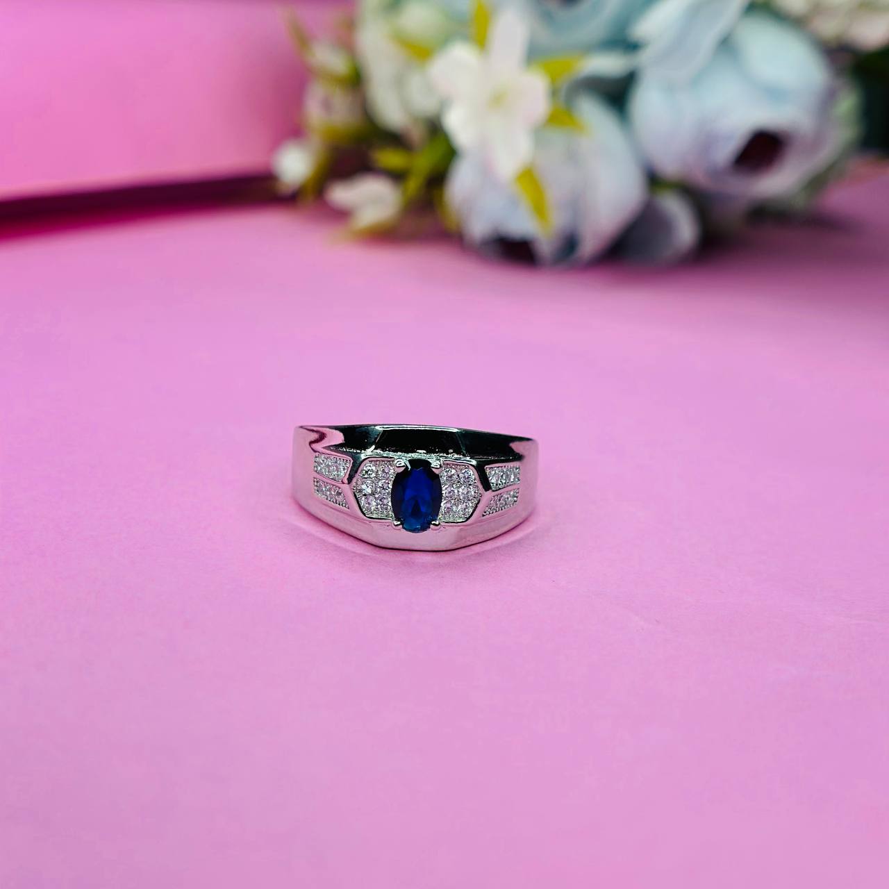 925 Sterling Silver Blue Stone Men’s Ring with Accents