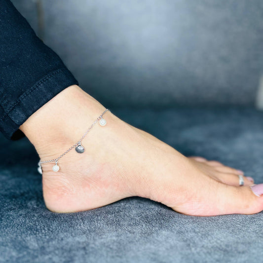 925 Sterling Silver Seashell & Pearl Charm Payal