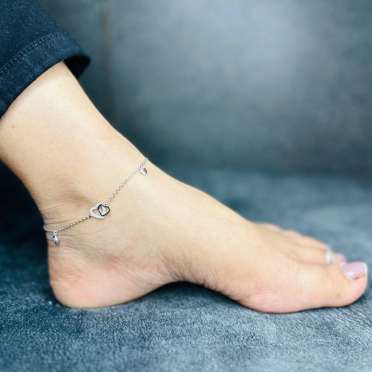 925 Sterling Silver Double Heart & Evil Eye Charm Payal