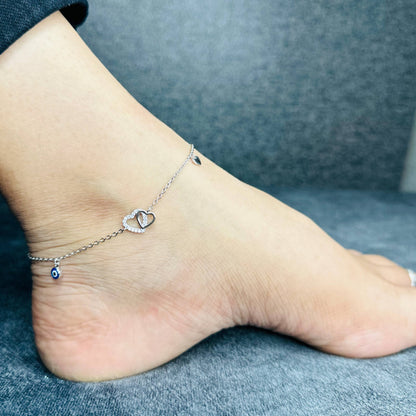 925 Sterling Silver Double Heart & Evil Eye Charm Payal