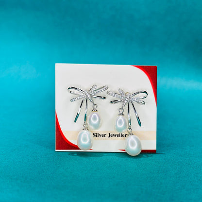 Graceful Bow Pearl Drop Earrings