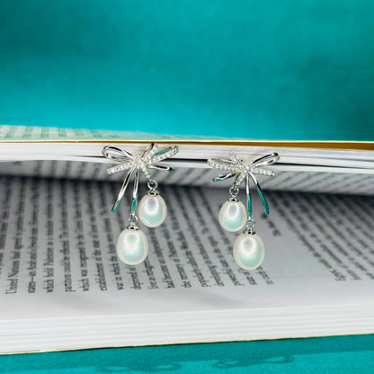 Graceful Bow Pearl Drop Earrings