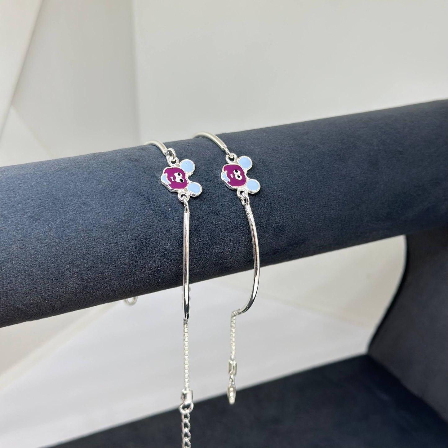 Kids Silver Bracelet – Purple Cartoon Mouse Design (Pair)