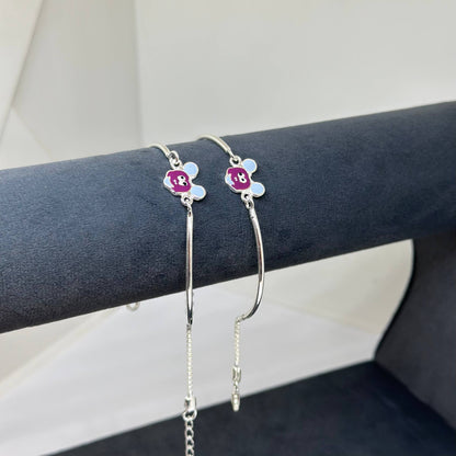 Kids Silver Bracelet – Purple Cartoon Mouse Design (Pair)