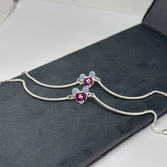 Kids Silver Bracelet – Purple Cartoon Mouse Design (Pair)