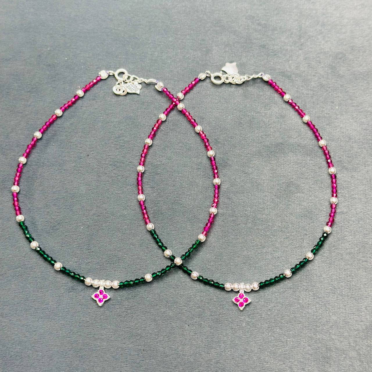 Silver Beaded Floral Charm Anklet Pair