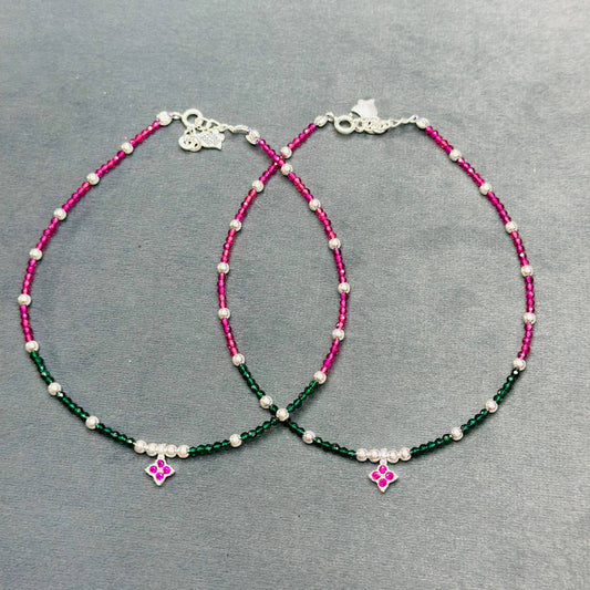 Silver Beaded Floral Charm Anklet Pair