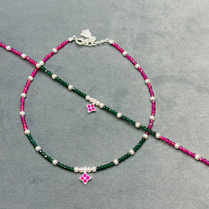 Silver Beaded Floral Charm Anklet Pair