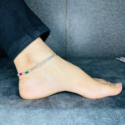 Adjustable Silver Necklace with Green & Pink Crystal Beads