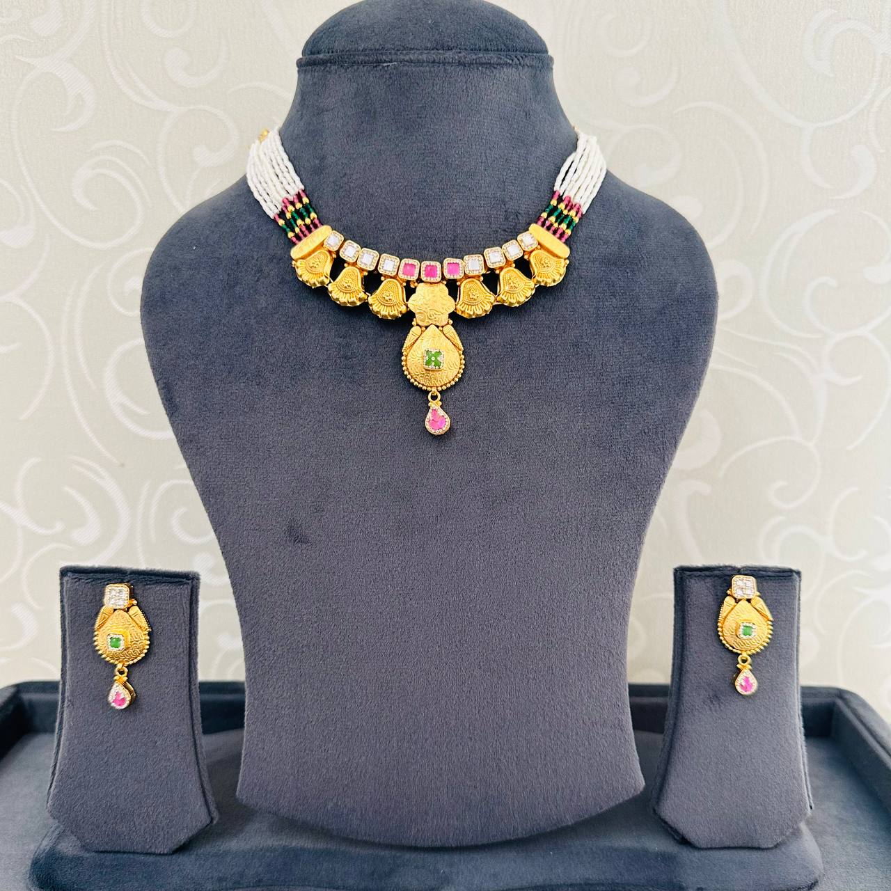 925 Silver Gold Plated Peacock Motif Beaded Necklace Set with Earrings