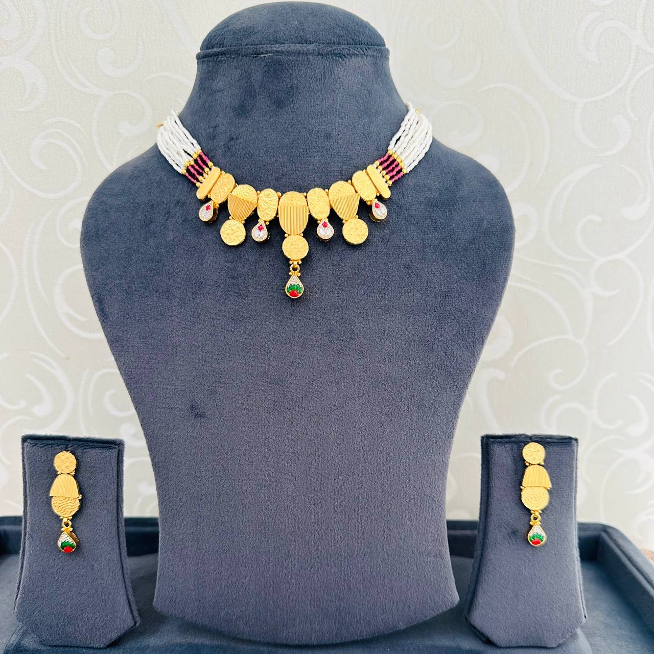 925 Silver Gold Plated Heritage Coin Beaded Necklace Set with Earrings