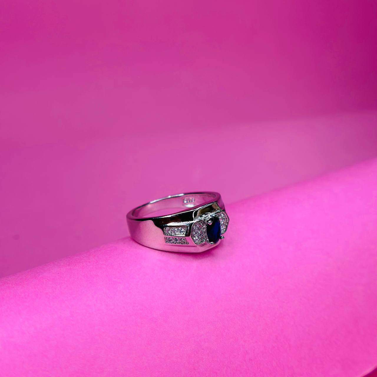 925 Sterling Silver Blue Stone Men’s Ring with Accents