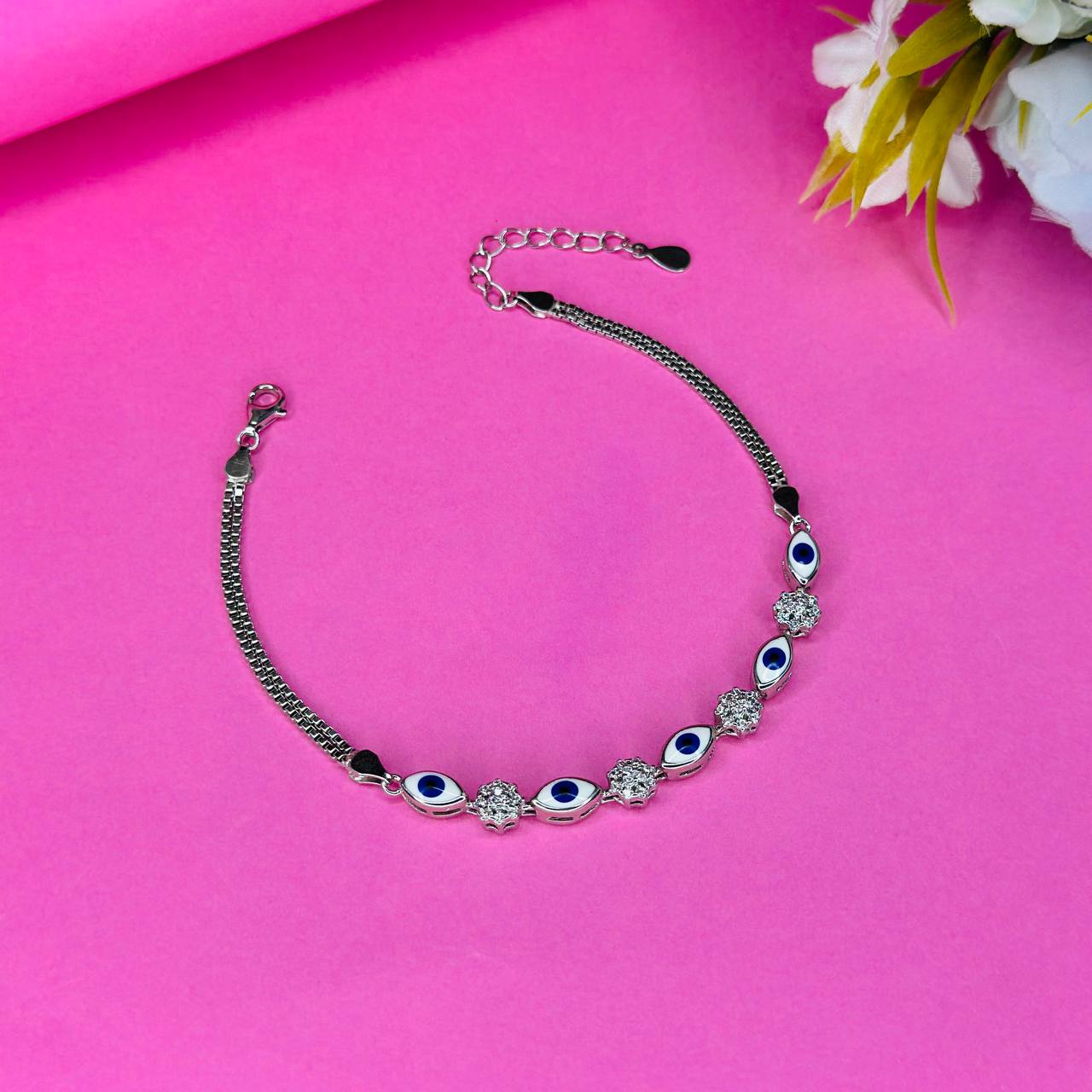 925 Silver Evil Eye & Floral Charm Bracelet