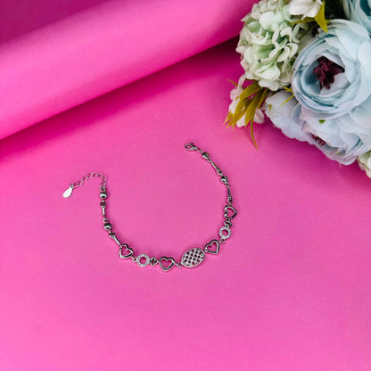 Sterling Silver Heart Shape & White Stone Gems Bracelet for Her