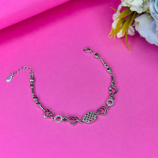 Sterling Silver Heart Shape & White Stone Gems Bracelet for Her
