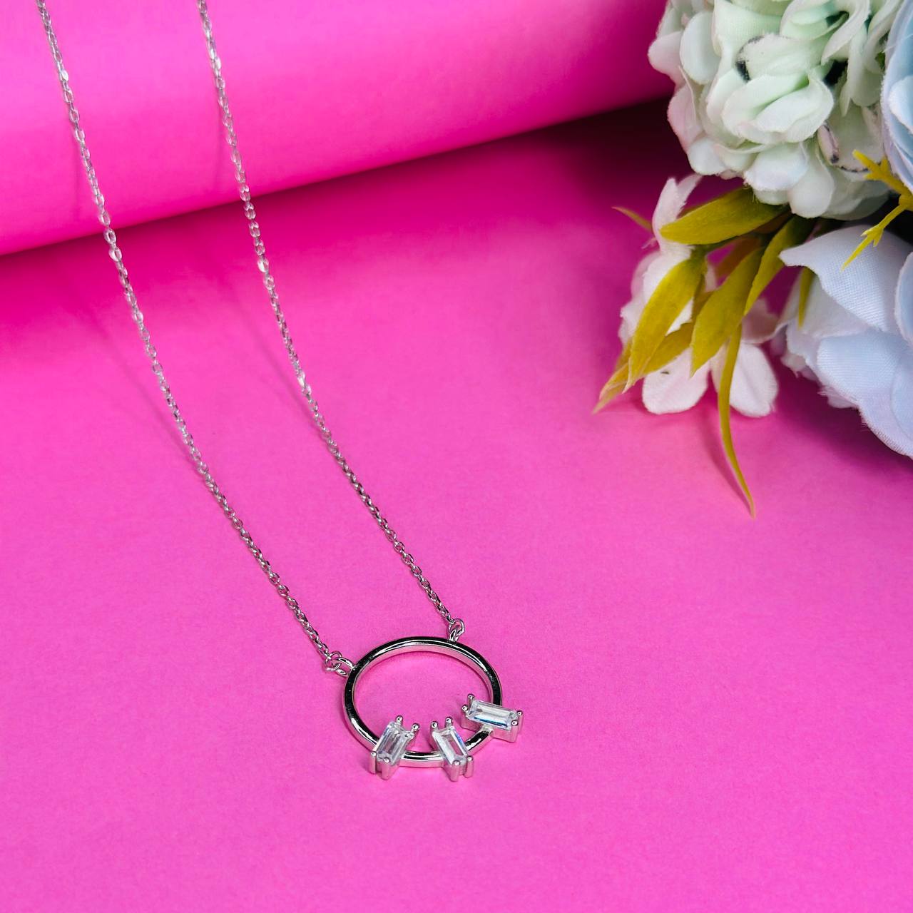 Minimalist Silver Circle Pendant Necklace with CZ Accents
