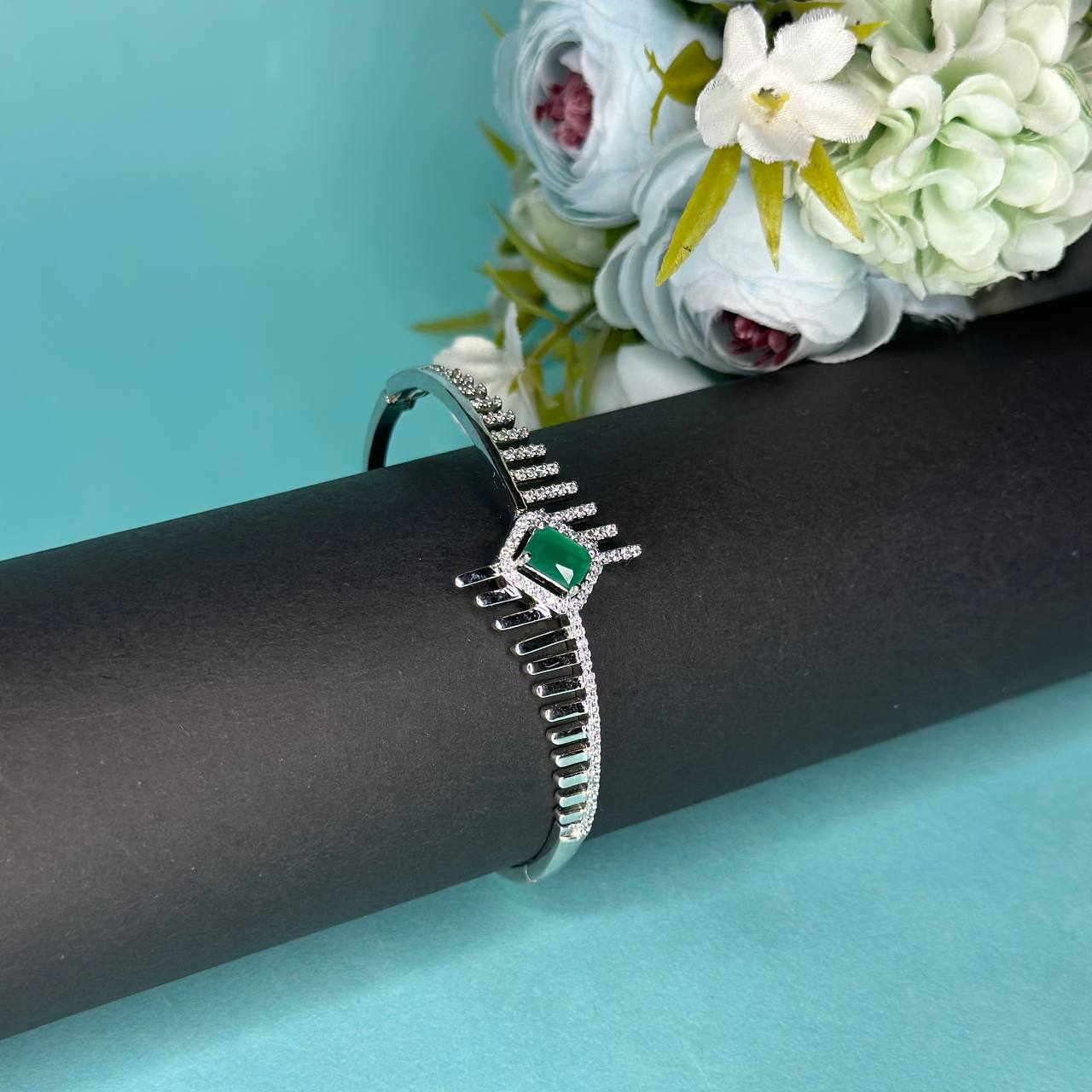 925 Sterling Silver Green Gemstone Designer Bracelet with CZ Detailing
