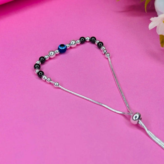 925 Sterling Silver Adjustable Beaded Bracelet with Evil Eye Accent