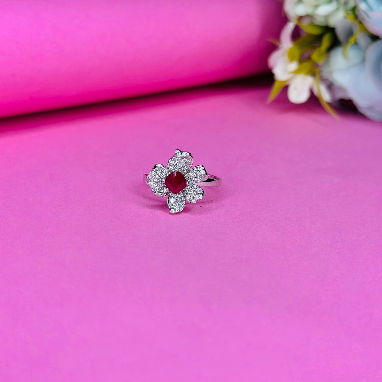 Floral Blossom 925 Sterling Silver Ring with CZ Petals & Gemstone Center