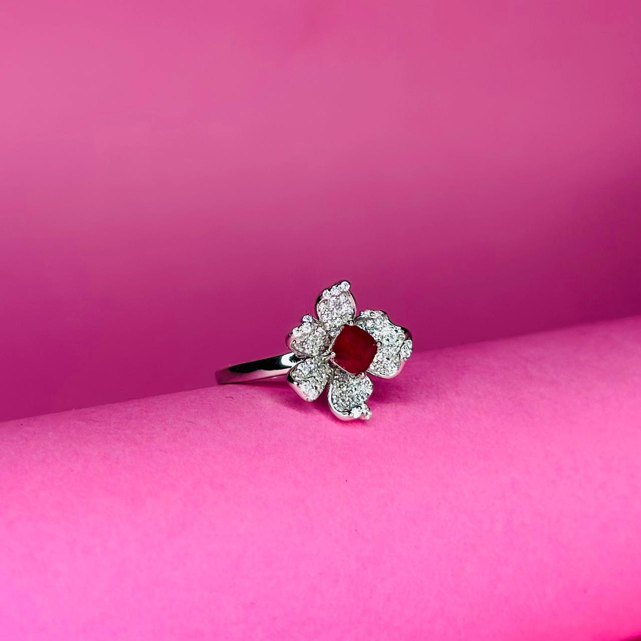 Floral Blossom 925 Sterling Silver Ring with CZ Petals & Gemstone Center