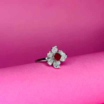 Floral Blossom 925 Sterling Silver Ring with CZ Petals & Gemstone Center
