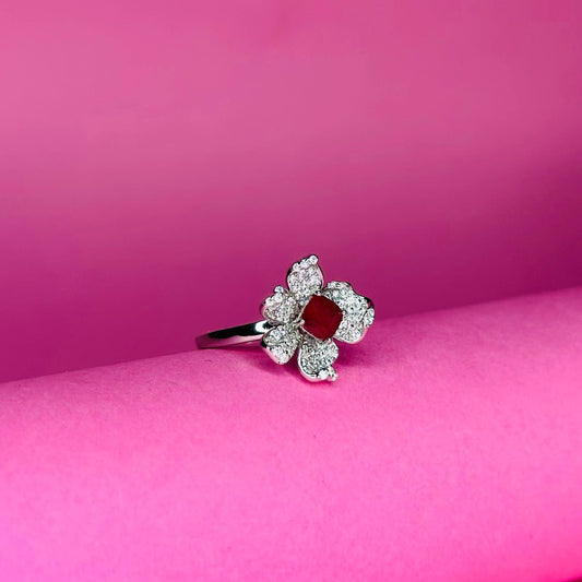 Floral Blossom 925 Sterling Silver Ring with CZ Petals & Gemstone Center