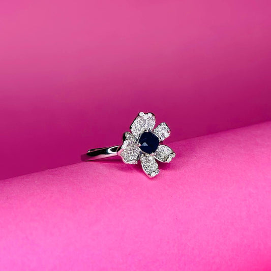 Floral Blossom 925 Sterling Silver Ring with CZ Petals & Gemstone Center