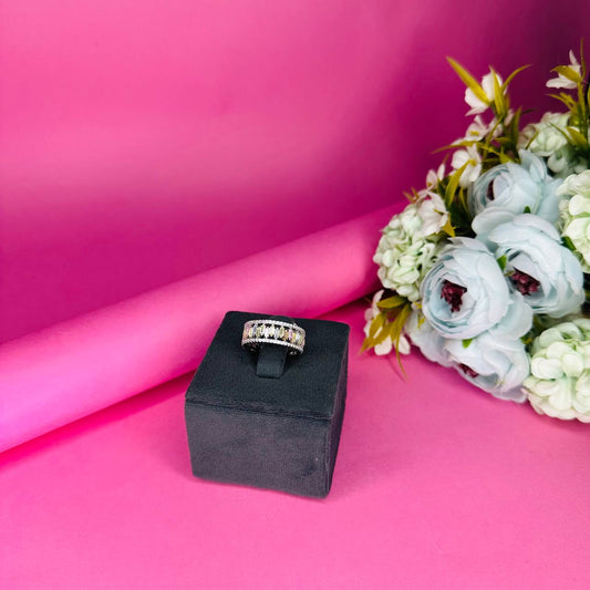 Luxury 925 Sterling Silver Wide Band Ring with Rainbow CZ Accents