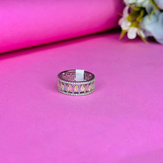 Luxury 925 Sterling Silver Wide Band Ring with Rainbow CZ Accents