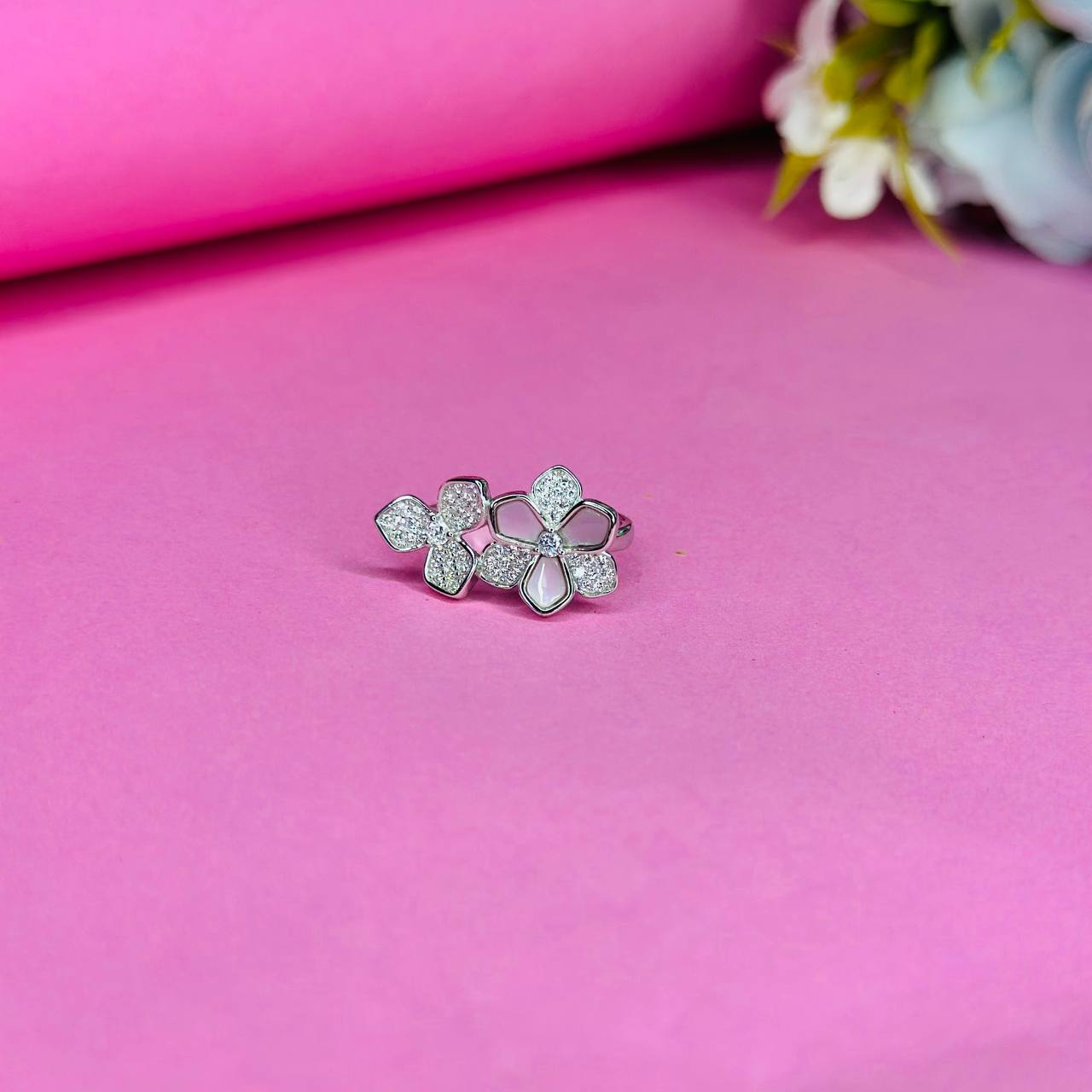 Elegant Double Flower 925 Sterling Silver Ring with CZ Accents