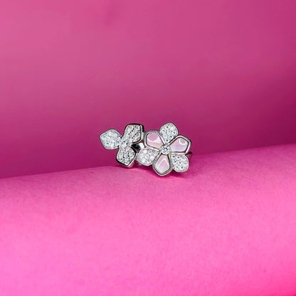 Elegant Double Flower 925 Sterling Silver Ring with CZ Accents