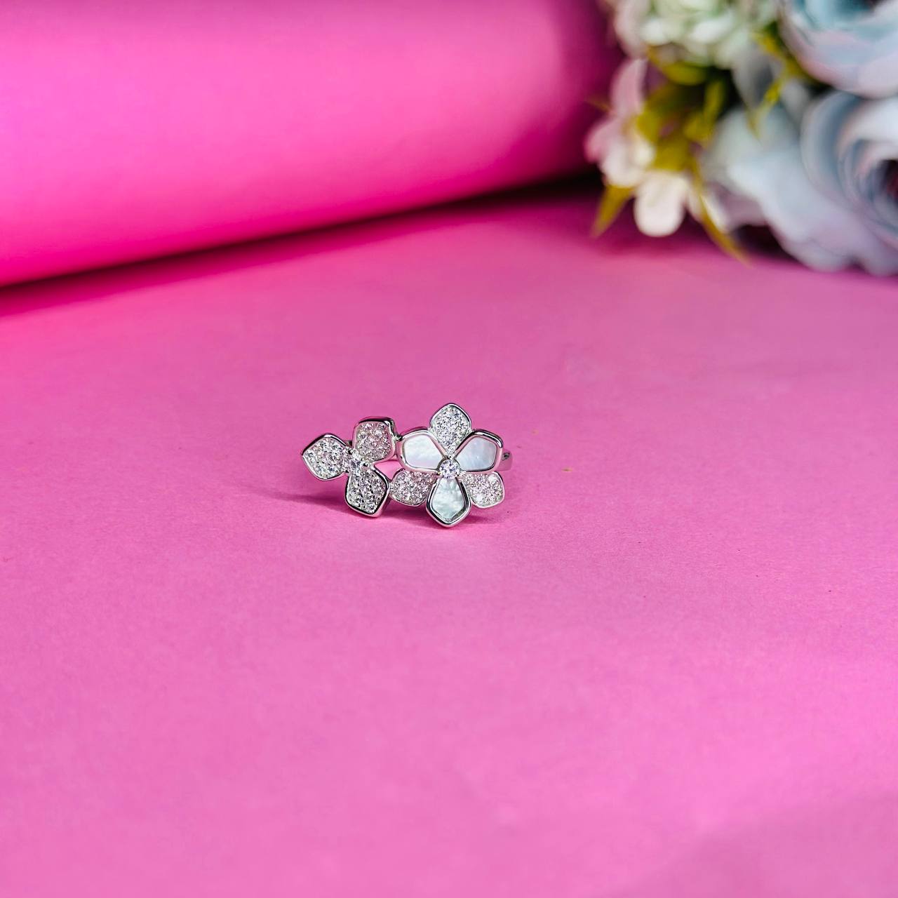 Mother-of-Pearl Double Flower 925 Sterling Silver Ring with CZ Accents