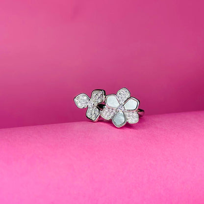 Mother-of-Pearl Double Flower 925 Sterling Silver Ring with CZ Accents