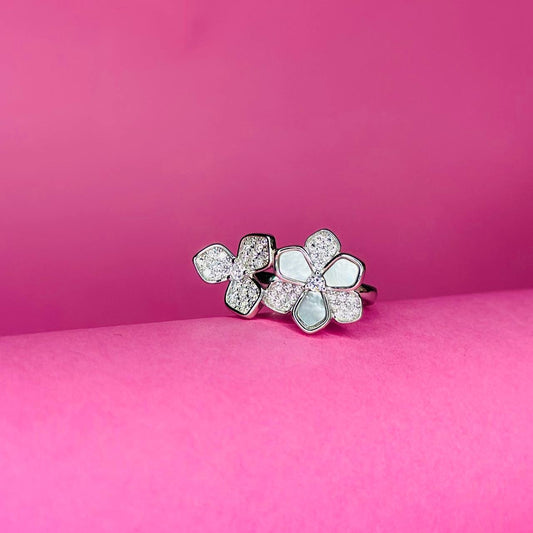 Mother-of-Pearl Double Flower 925 Sterling Silver Ring with CZ Accents