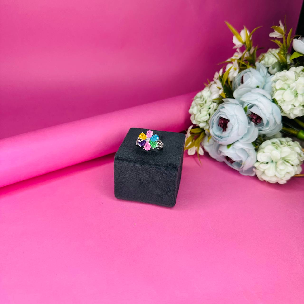 Floral Multicolor Gemstone 925 Sterling Silver Statement Ring