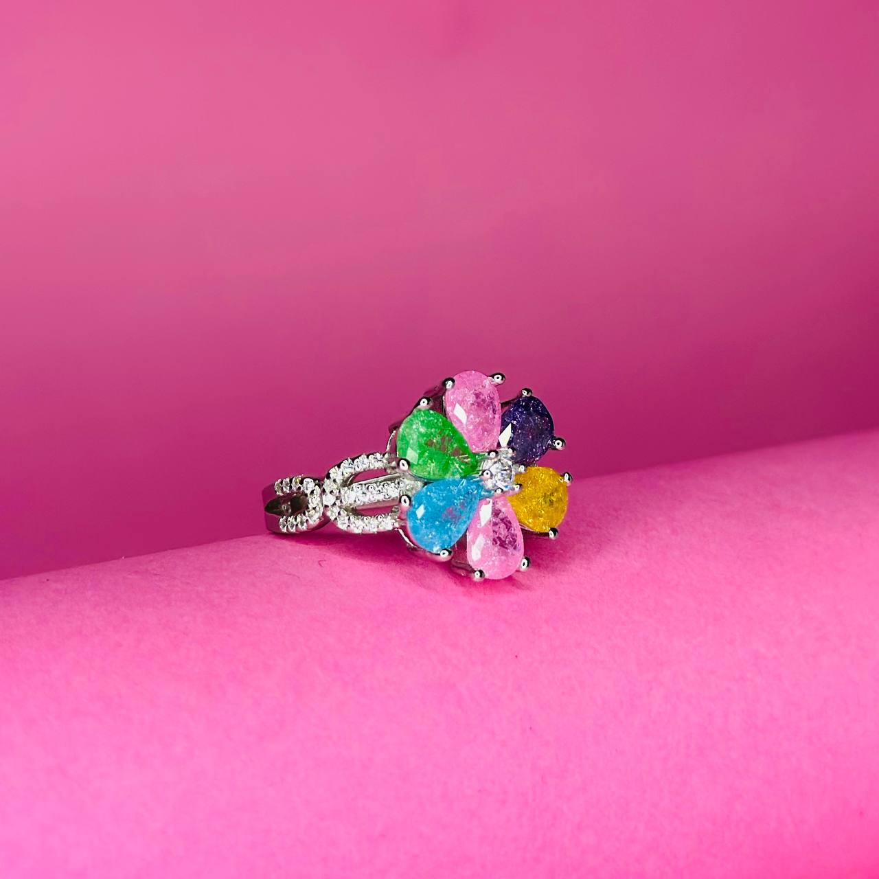 Floral Multicolor Gemstone 925 Sterling Silver Statement Ring